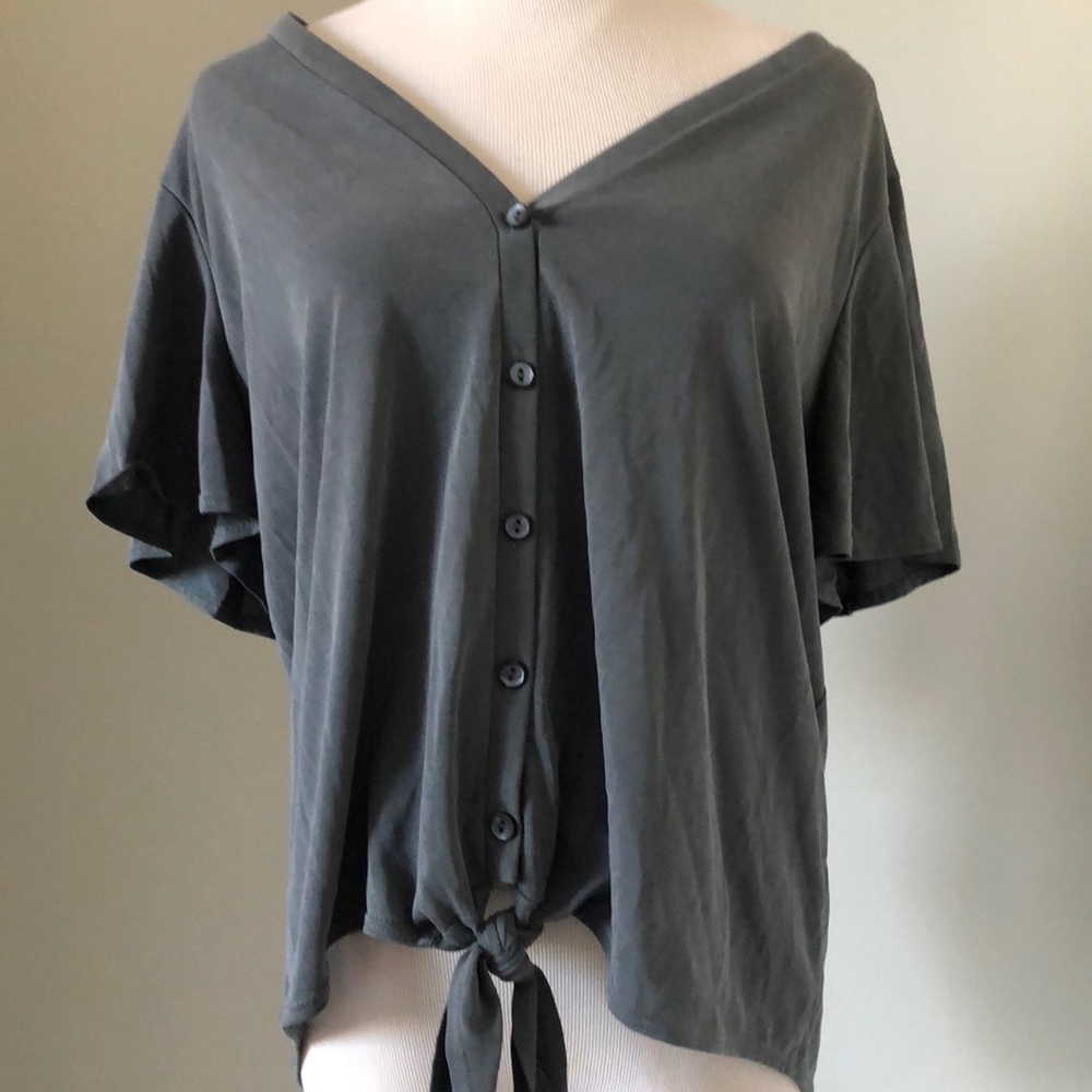 Soft Blue-Green Button Up Front Tie Top